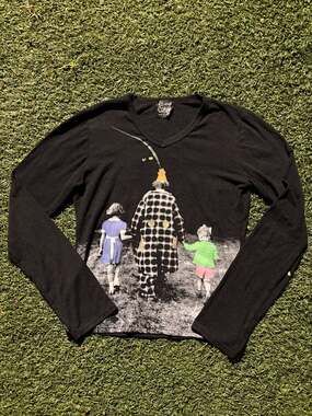 Cop. Copine Vintage Clown and Children Graphic Long Sleeve Mesh Top